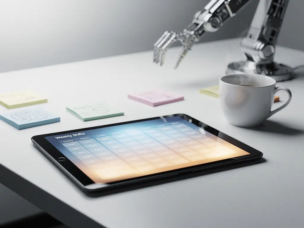 Digitaal weekrooster op tablet op modern bureau met sticky notes en koffiekop, zachte blauwe en amberkleurige verlichting.