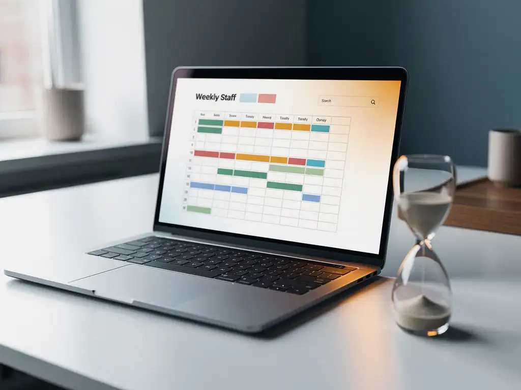 Laptop met digitaal weekrooster voor personeel op minimalistisch bureau, zandloper ernaast symboliseert AI-planning, natuurlijk zijlicht.