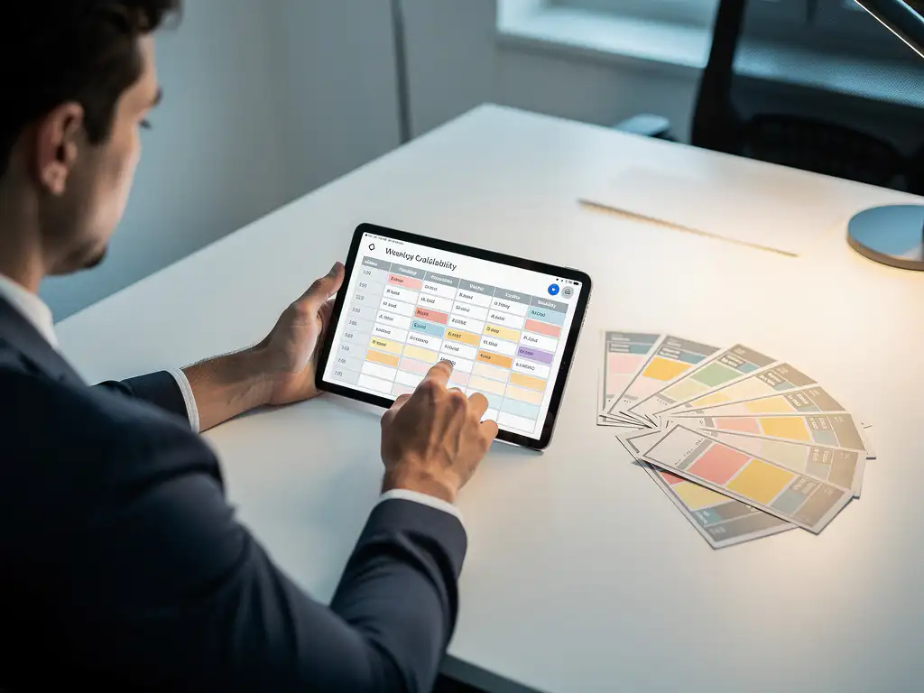 Planningsmanager bekijkt digitaal weekrooster op tablet, omringd door beschikbaarheidskaarten van medewerkers op wit bureau.