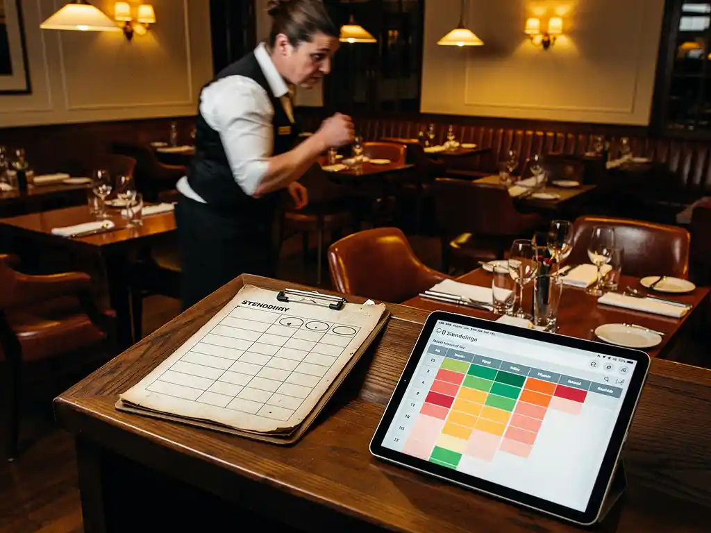 Overwerkte horecamedewerker tussen lege tafels, roosterbord met open diensten op gastenstandaard, tablet met kleurgecodeerd personeelsrooster op de voorgrond.