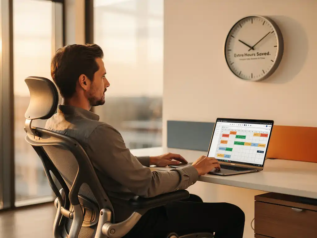 Ontspannen workforce planner in modern kantoor met laptop waarop een volledig ingevuld personeelsrooster zichtbaar is.