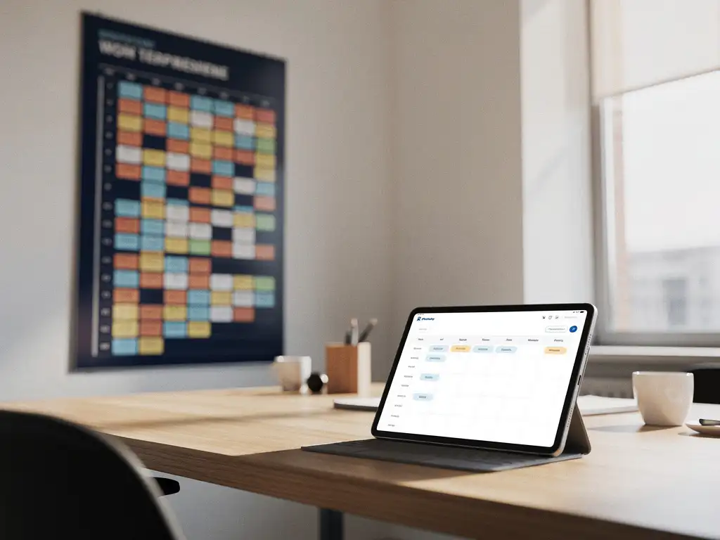 Overvolle dienstroosters op een planningsbord naast een tablet met een overzichtelijk AI-geoptimaliseerd rooster op een modern kantoorbureau.