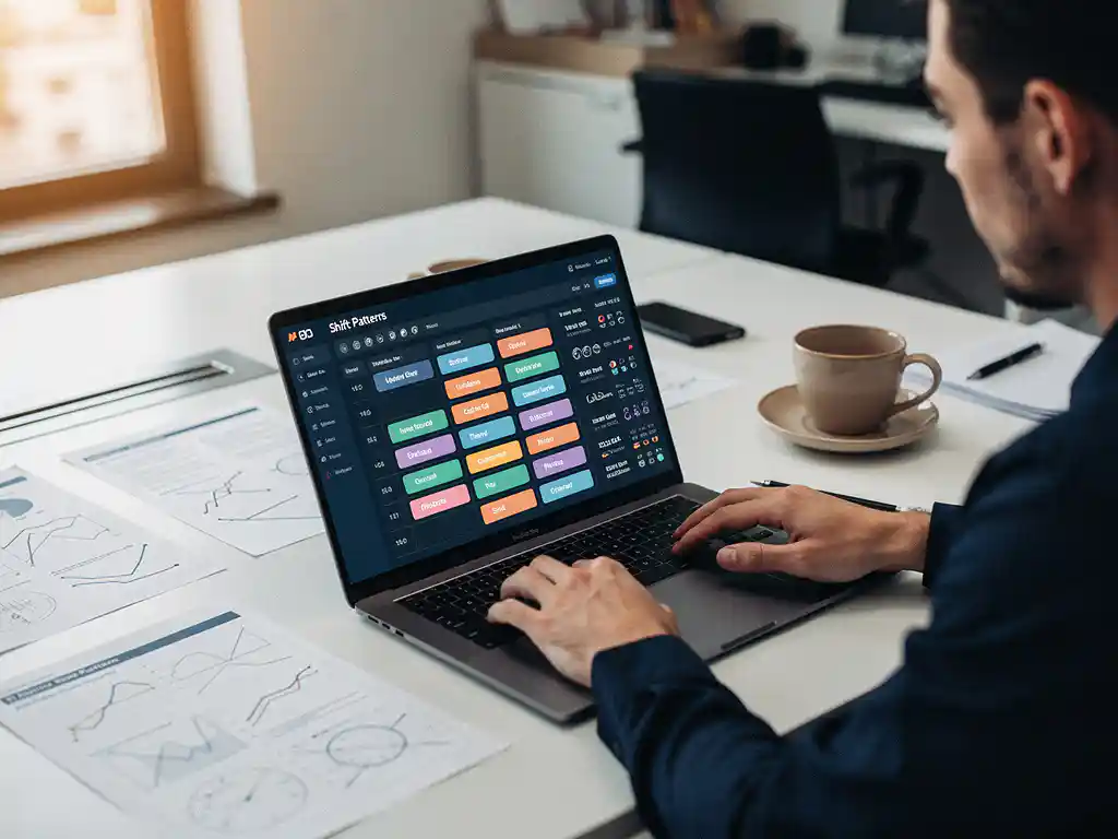 Workforce planner bekijkt AI-gegenereerde dienstroosters op laptop aan modern bureau met koffie en afgedrukte schema's.