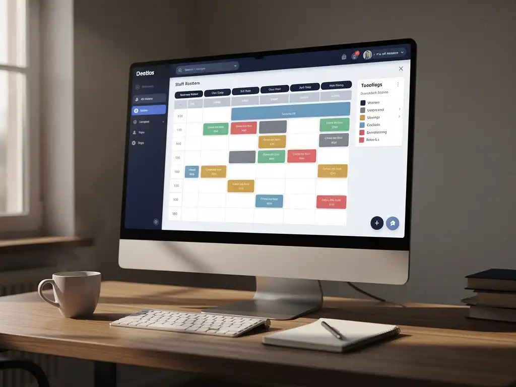 Digitaal planningsdashboard op moderne monitor met personeelsroosters, opgemaakt bureau met koffiekopje en notitieblok op de achtergrond.