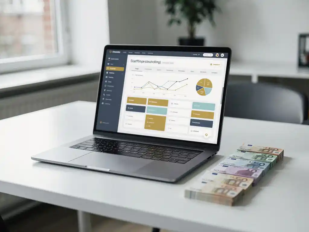 Laptop met personeelsplanning-dashboard op wit bureau, naast een afnemende stapel eurobiljetten die kostenreductie symboliseert.