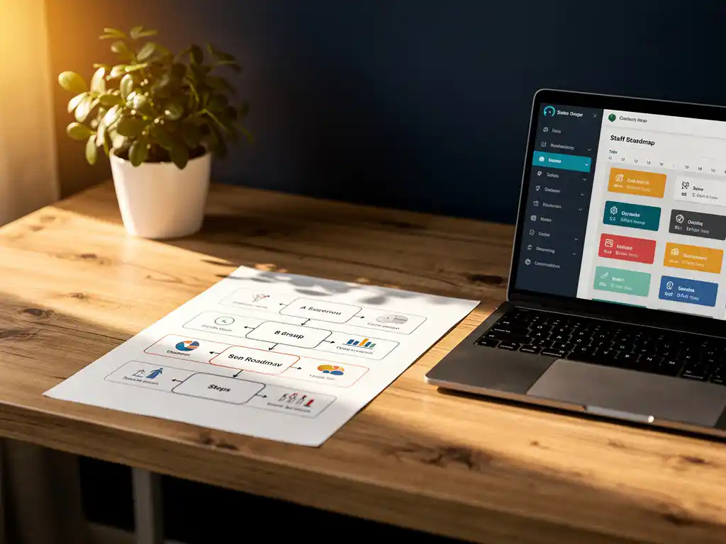 Consultantbureau met acht-stappen routekaart op papier en laptop met personeelsplanningsdashboard in warm ochtendlicht.