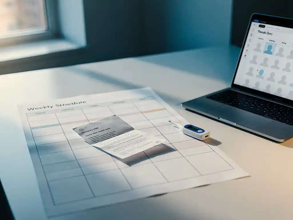 Wekelijks personeelsrooster op bureau met doktersbriefje, thermometer en laptop met aangepast rooster in modern HR-kantoor.