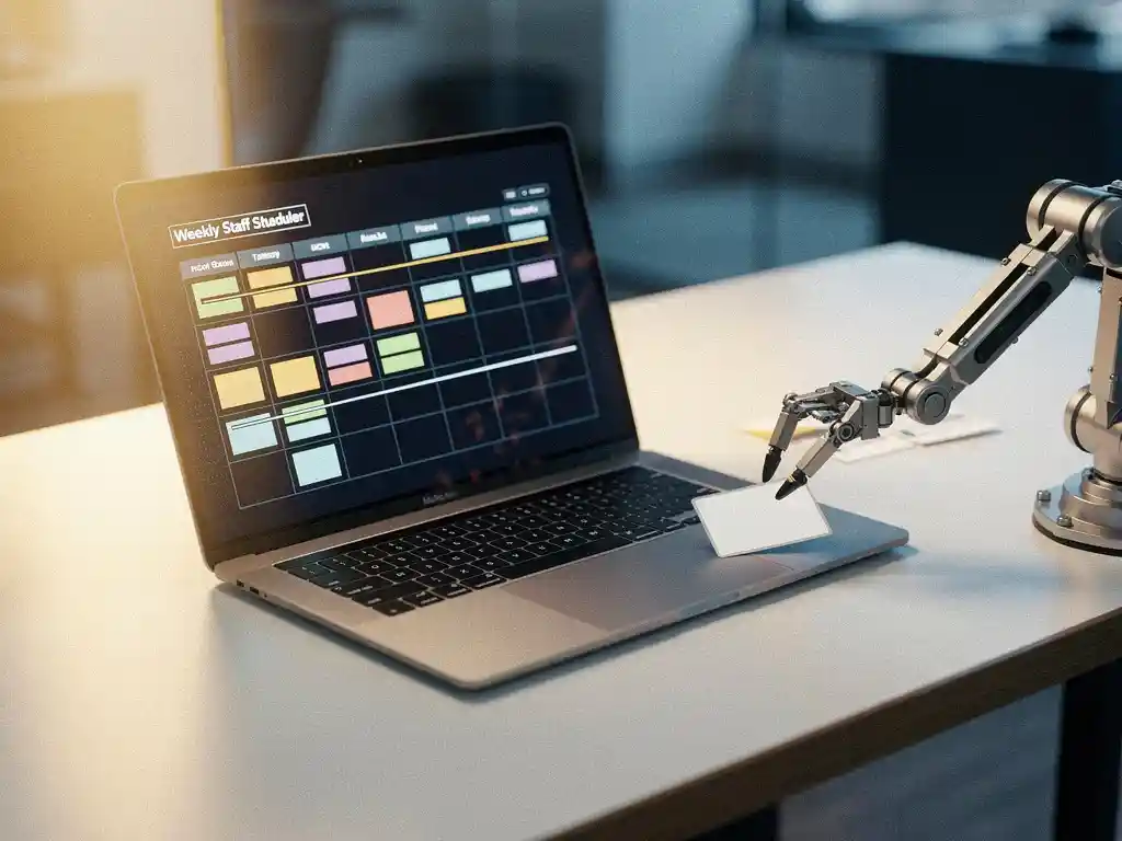 Laptop met wekelijks personeelsrooster op modern bureau, robotarm plaatst naamkaartjes in tijdslots, gouden zijlicht.