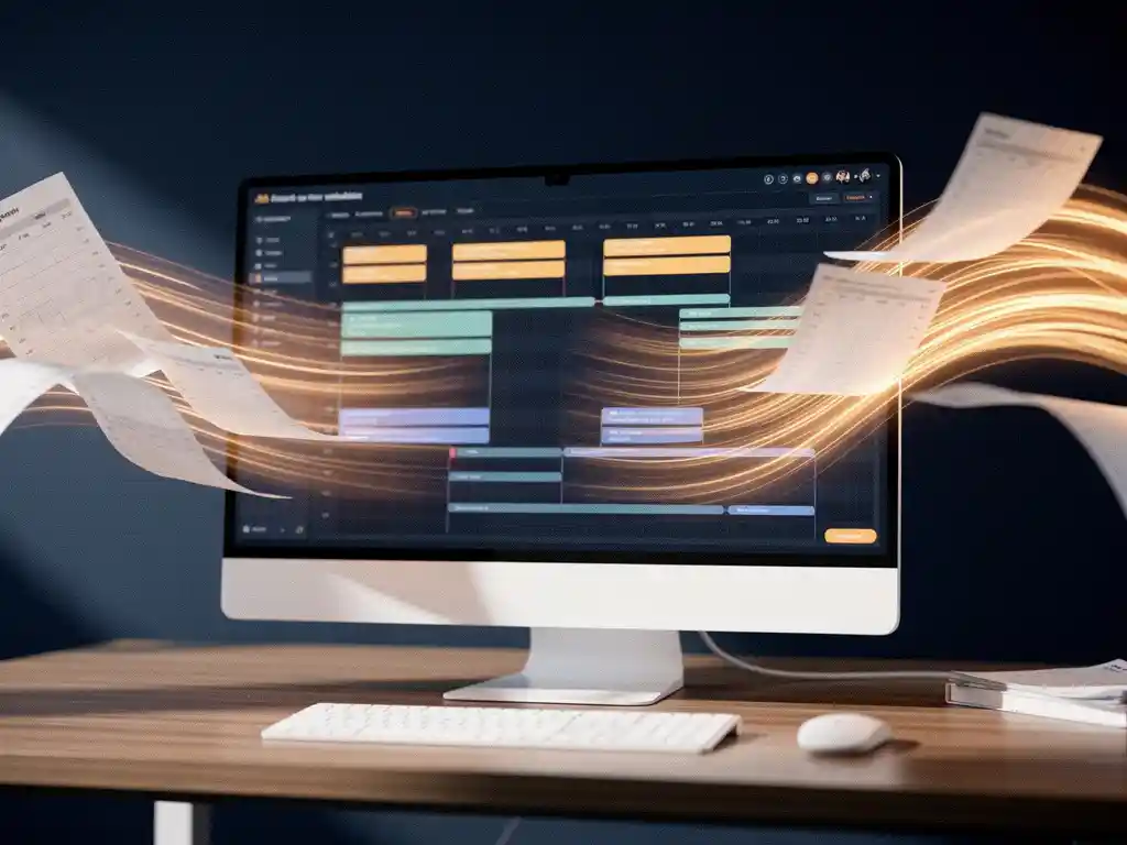 Modern schedulingdashboard op een monitor met gloeiende datastromen als papieren roosters, zakelijk bureau, navy en amber tinten.