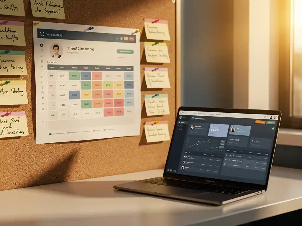 Uitgeprinte planningsrooster op kurkbord met handgeschreven dienstaantekeningen en gekleurde tabbladen, laptop met personeelsroosters op opgeruimd HR-bureau.