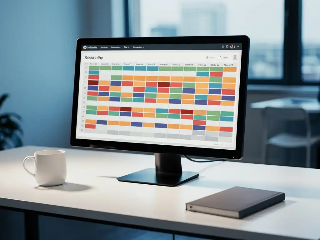 Weekrooster op een modern beeldscherm naast een plannernotebook en koffiemok op een wit bureau, zacht ochtendlicht.
