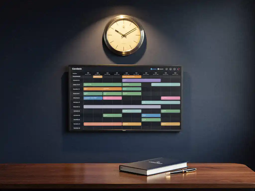 Digitaal planningsbord met kleurgecodeerde dienstroosters onder een analoge wandklok, notitieboek op eikenhouten bureau.