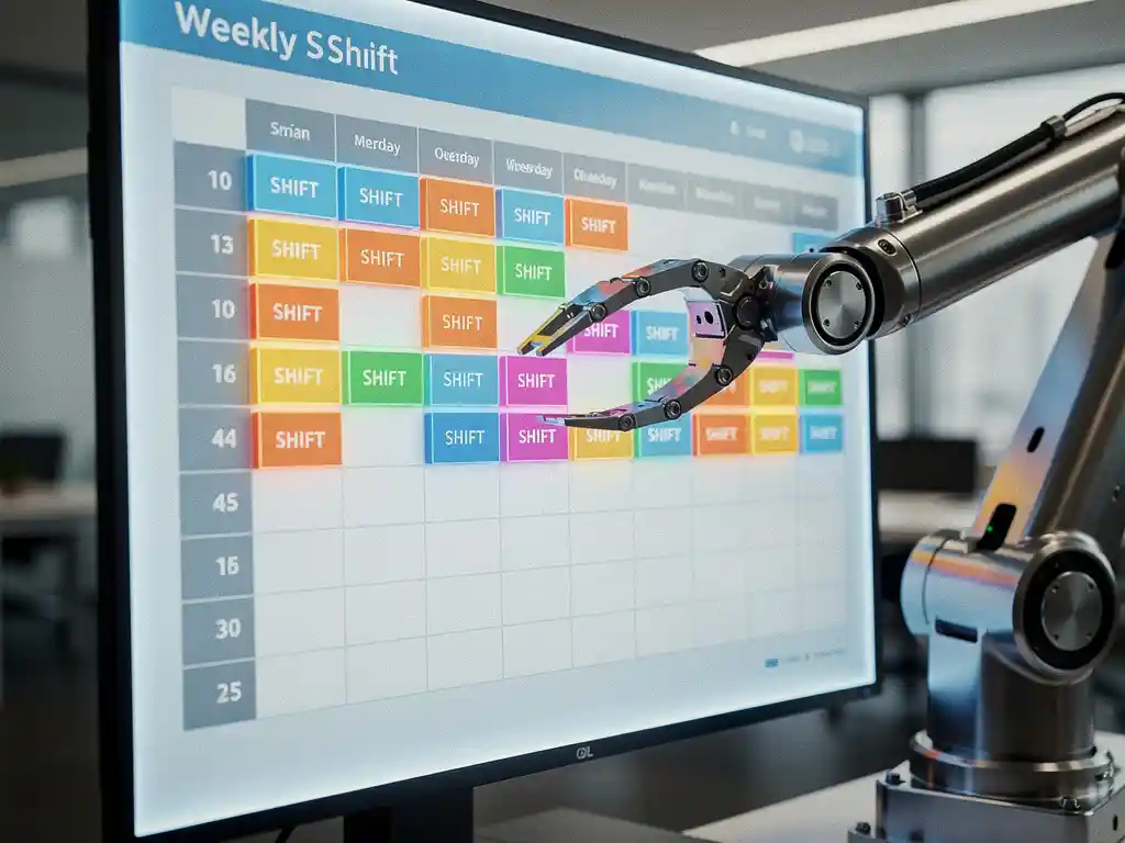 Robotarm plaatst kleurgecodeerde dienstvakken in digitaal weekrooster op HR-scherm in modern kantoor.