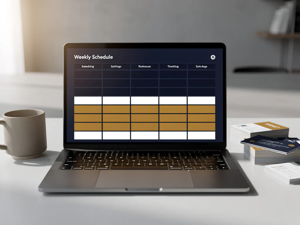 Laptop met digitaal weekrooster in kleurgecodeerde rijen, omringd door dienstaanvragen en koffiemok op modern bureau.
