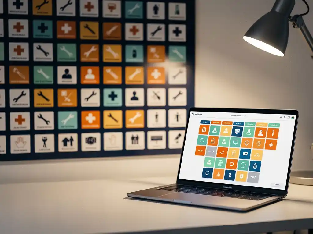 Kleurgecodeerd planningsbord met personeelskaarten en vaardigheidsiconen naast laptop met roostergrid op modern bureau.