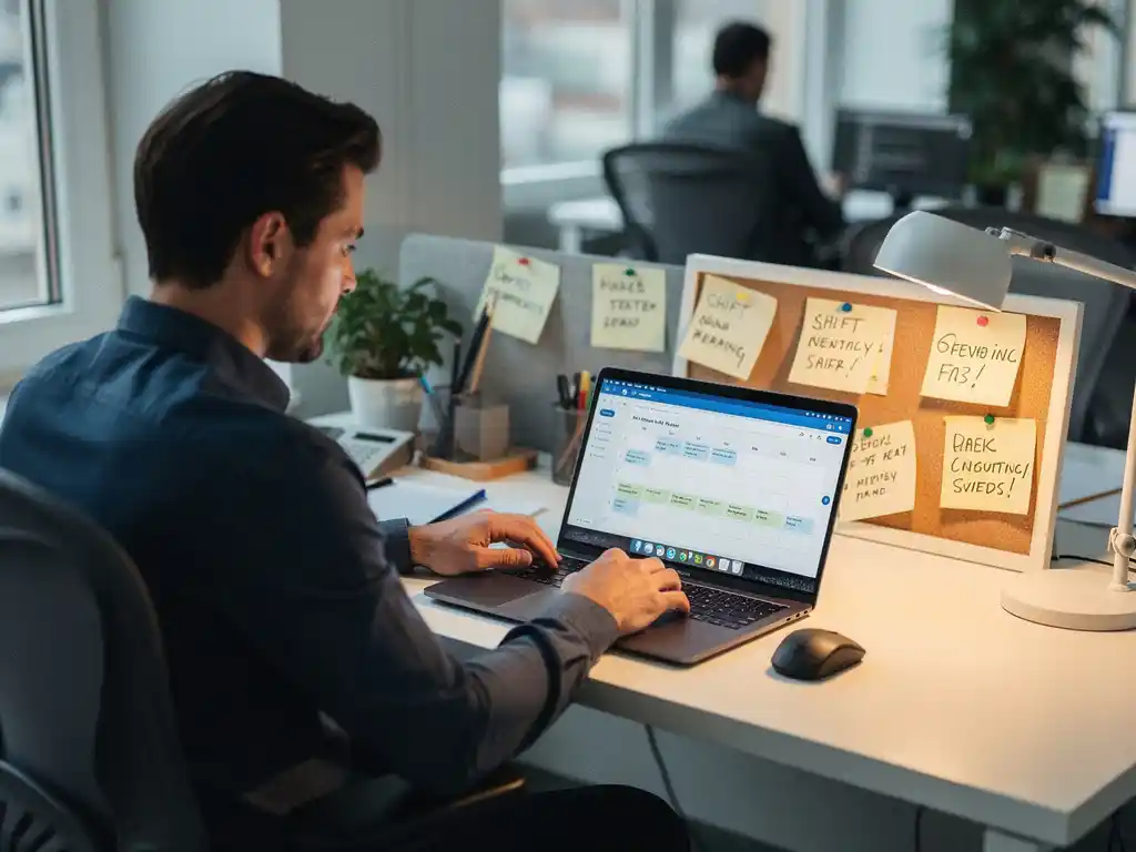 Planningsmanager bekijkt digitaal weekrooster op laptop, omringd door sticky notes met dienstvoor­keuren in een modern kantoor met warm bureaulampje.