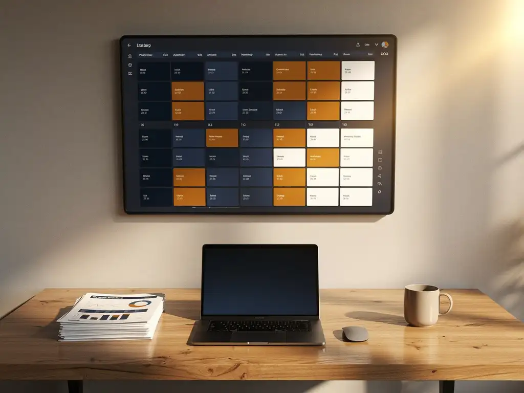 Digitaal planningsbord met kleurgecodeerde dienstvakken, omringd door personeelsdocumenten en laptop op modern bureau in warm goudlicht.