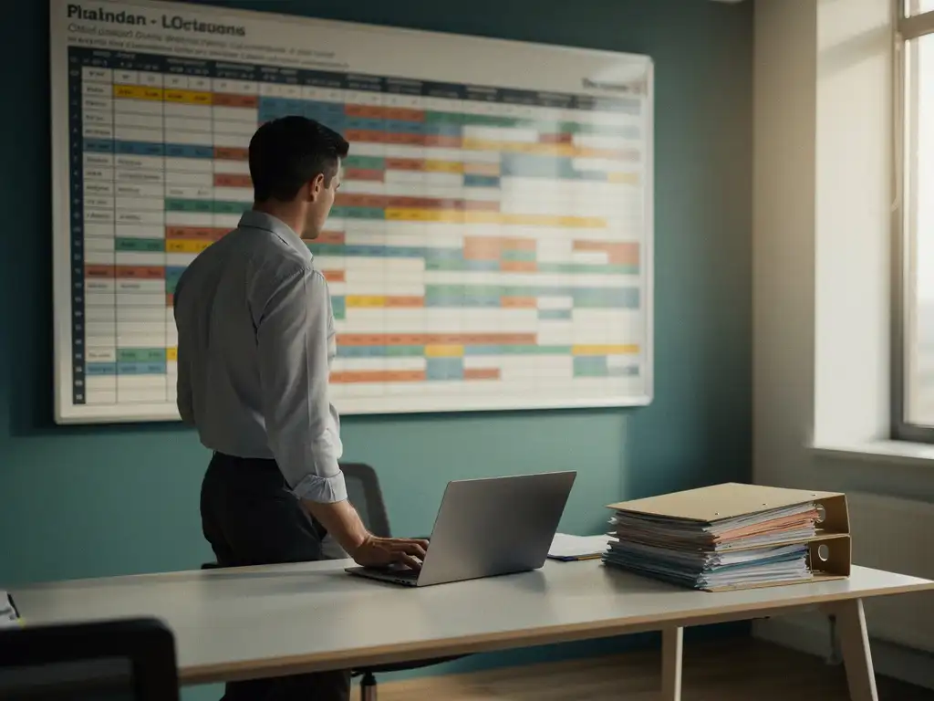 Workforce planner analyseert kleurgecodeerd roosterbord voor meerdere locaties, met laptop en personeelsdossiers op modern bureau.