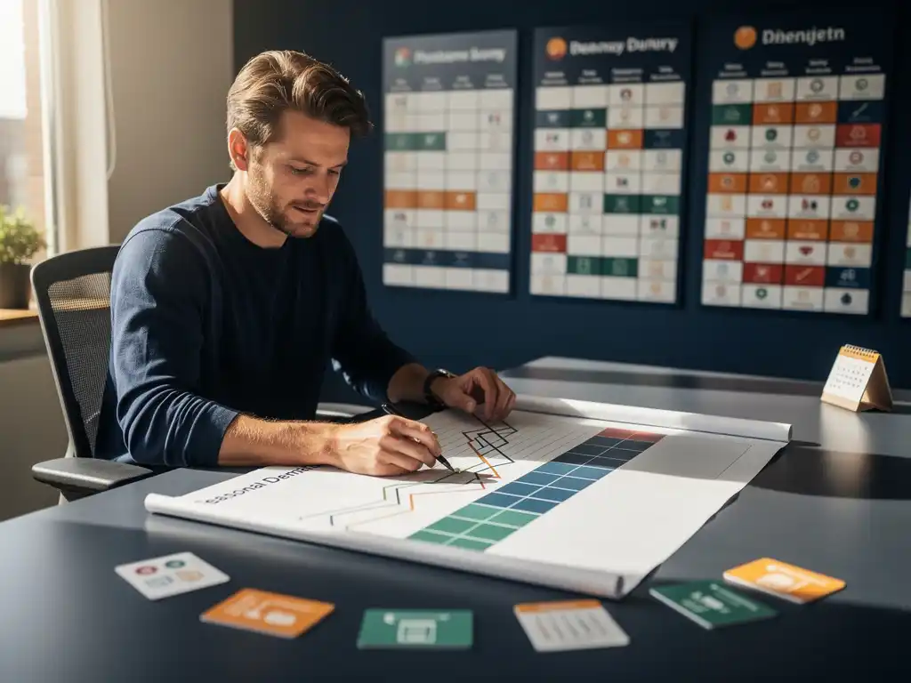 Werkforceplanner bestudeert seizoensgebonden vraagchart aan bureau, met personeelsroosters en piekperioden zichtbaar op planningsborden op de achtergrond.