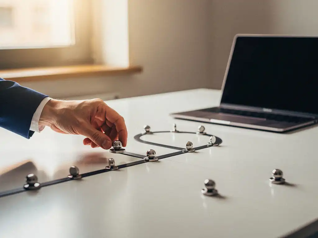Consultant plaatst het laatste stuk van een tijdlijn-roadmap op een modern bureau, met mijlpaalmarkeringen en een laptop in warm kantoorlicht.