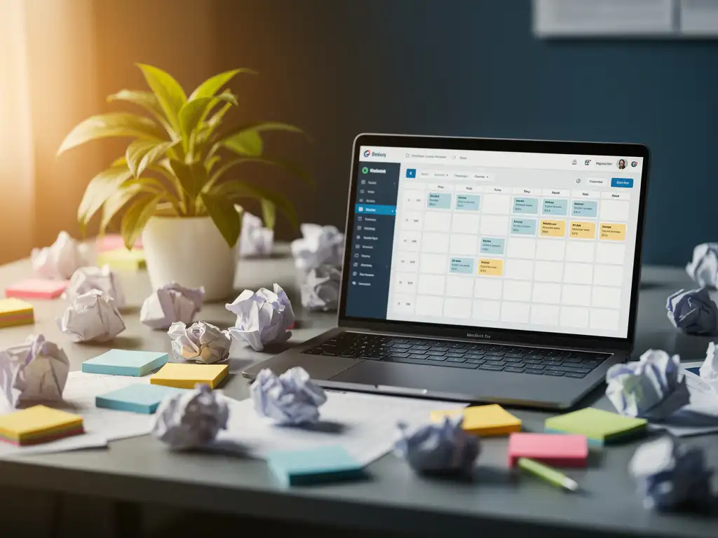 Bureau met verfrommeld papierwerk en plakbriefjes naast laptop met overzichtelijke digitale dienstroosters, groene plant op de achtergrond.