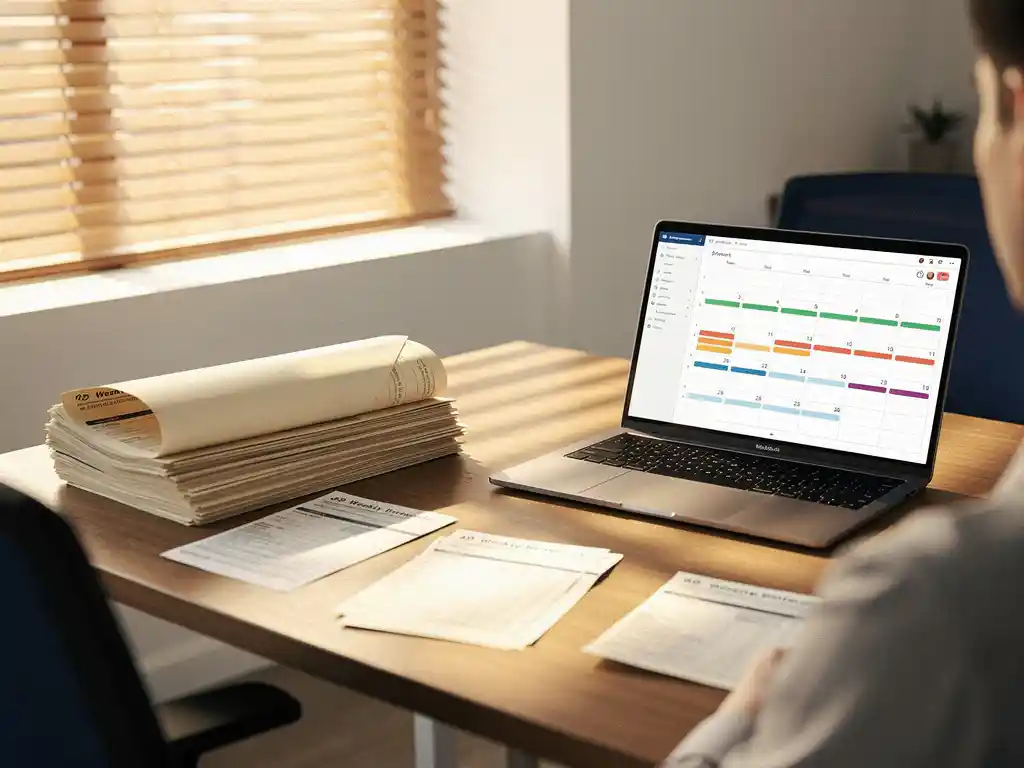 Vermoeid bureau aan het einde van een werkdag met een digitaal rooster op laptop, verlicht door warm middaglicht door kantoorjaloezieën.