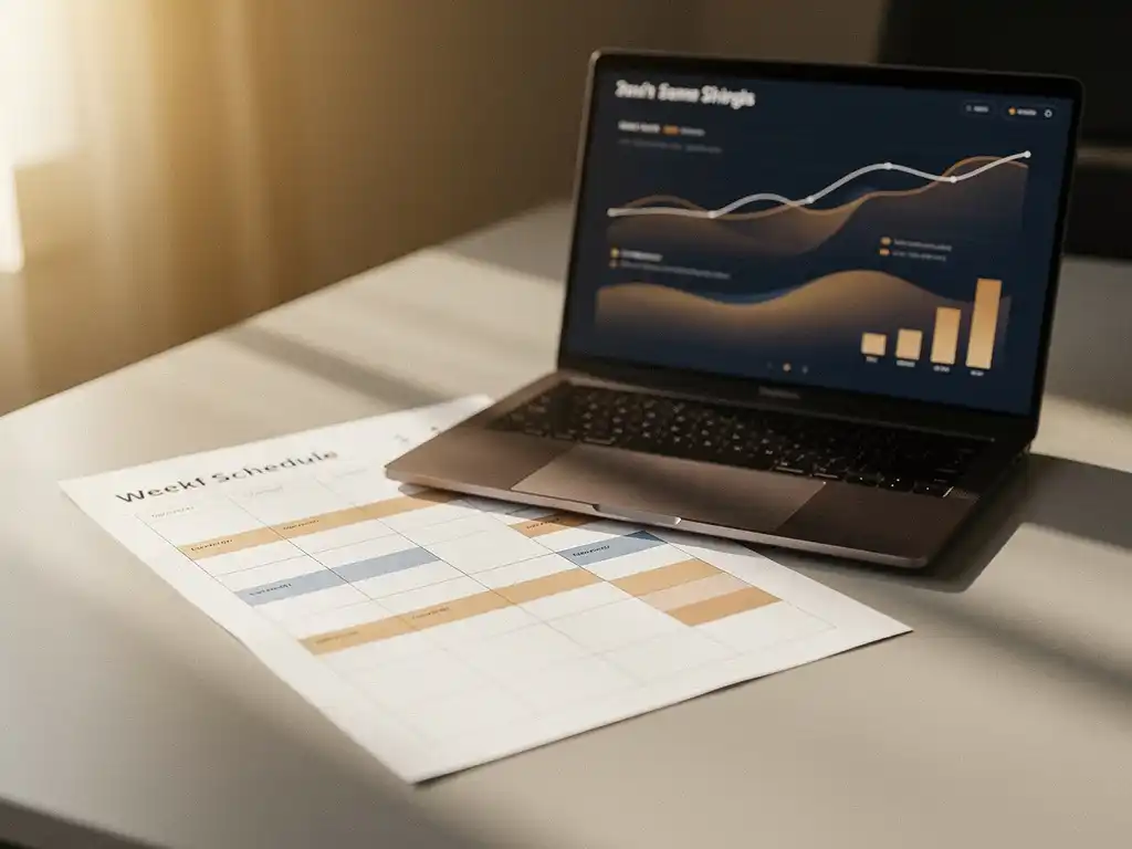 Wekelijks personeelsrooster op papier naast laptop met diensten-dashboard op modern kantoorbureau in warm ochtendlicht.