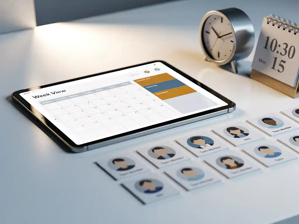 Digitale weekplanning op tablet omringd door personeelskaarten, klok en kalender op wit bureau, stalen blauwe en amberkleurige tinten.
